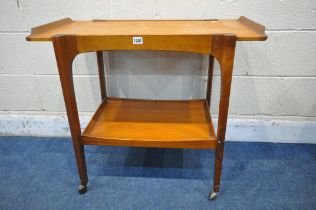 A REMPLOY MID CENTURY TEAK TWO TIER TROLLEY, width 79cm x depth 49cm x height 70cm (condition