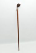 A LATE VICTORIAN NOVELTY WALKING STICK WITH CARVED WOODEN DOG'S HEAD HANDLE, fitted with glass eyes,