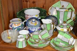 A GROUP OF ROYAL STAFFORD TEAWARE AND POOLE POTTERY, a green, white and gilt art deco design Royal
