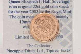 A 2002 ELIZABETH II, 22CT GOLD HALF SOVEREIGN COIN, Golden Jubilee Edition, 3.98 grams, 19mm, in