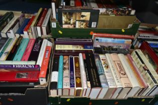 SIX BOXES OF BOOKS containing approximately 150 miscellaneous titles, mostly in hardback format,