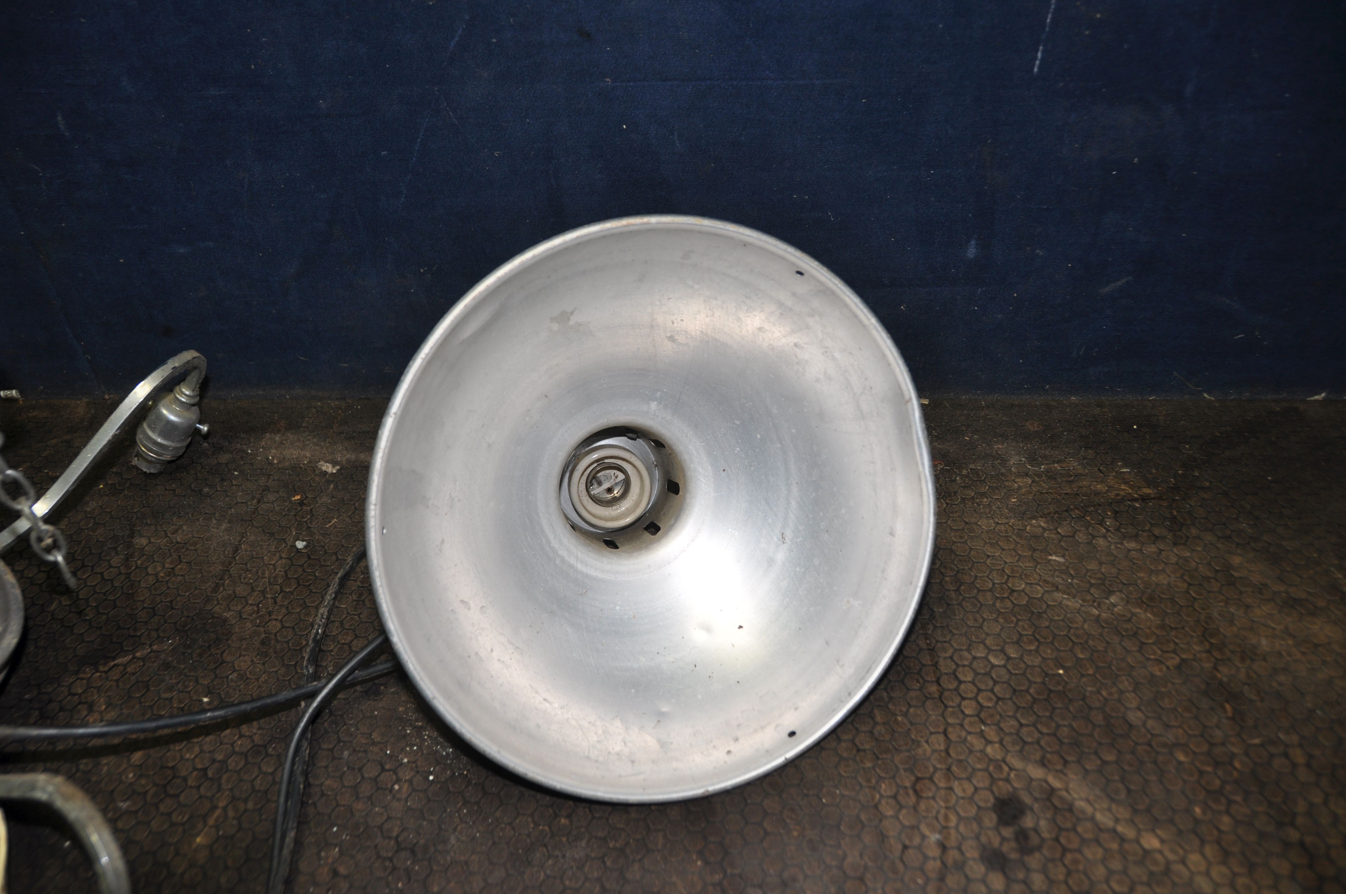 A PAIR OF VINTAGE ALUMINIUM INDUSTRIAL LIGHTS with screwfit ceramic bulb holders and a chrome - Image 2 of 3