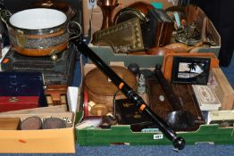 THREE BOXES AND LOOSE TREEN AND METAL WARES, to include a small wooden chest length 50cm x depth