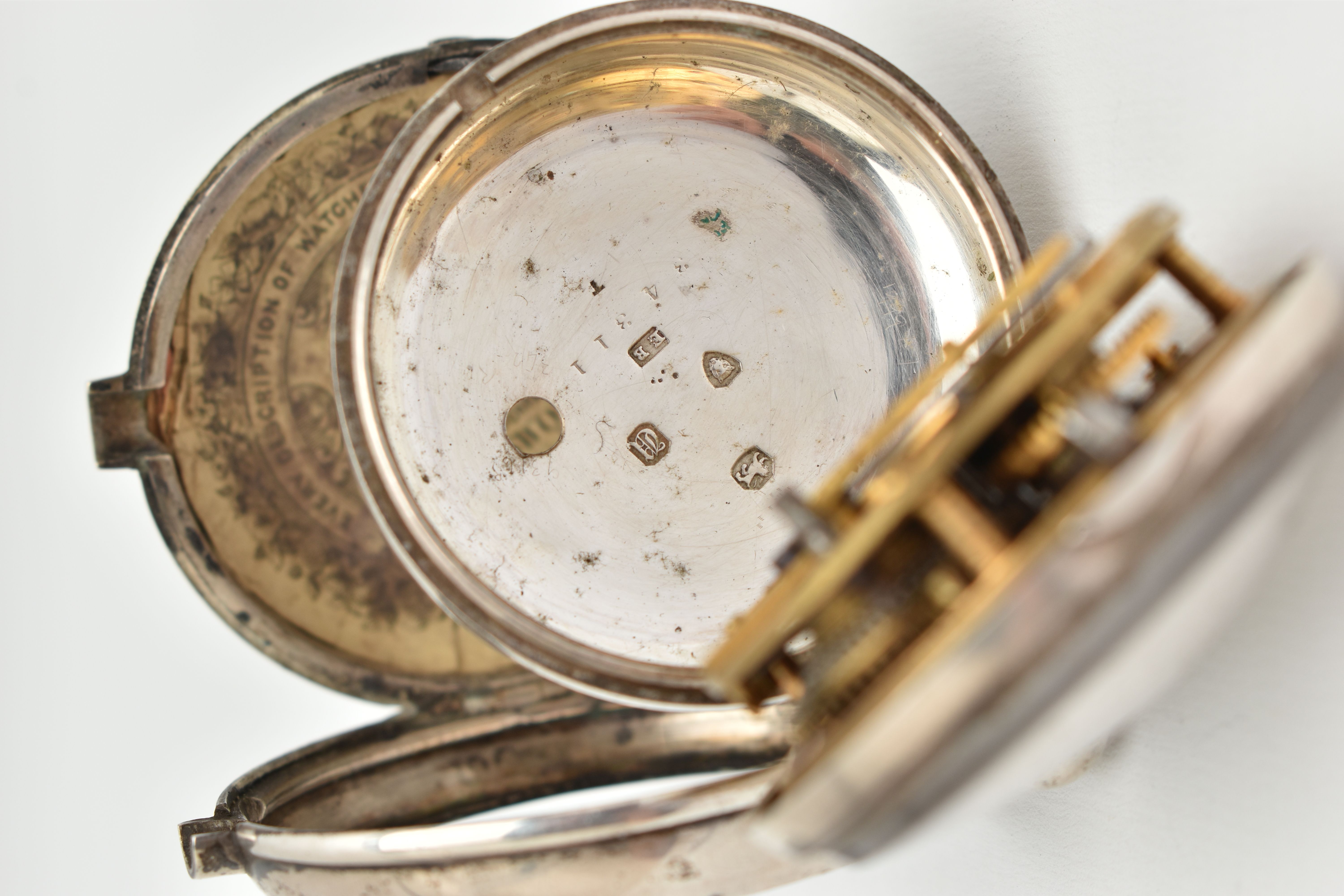 A SILVER PAIR CASE POCKET WATCH, key wound movement, round dial, Roman numerals, plain silver - Image 7 of 7