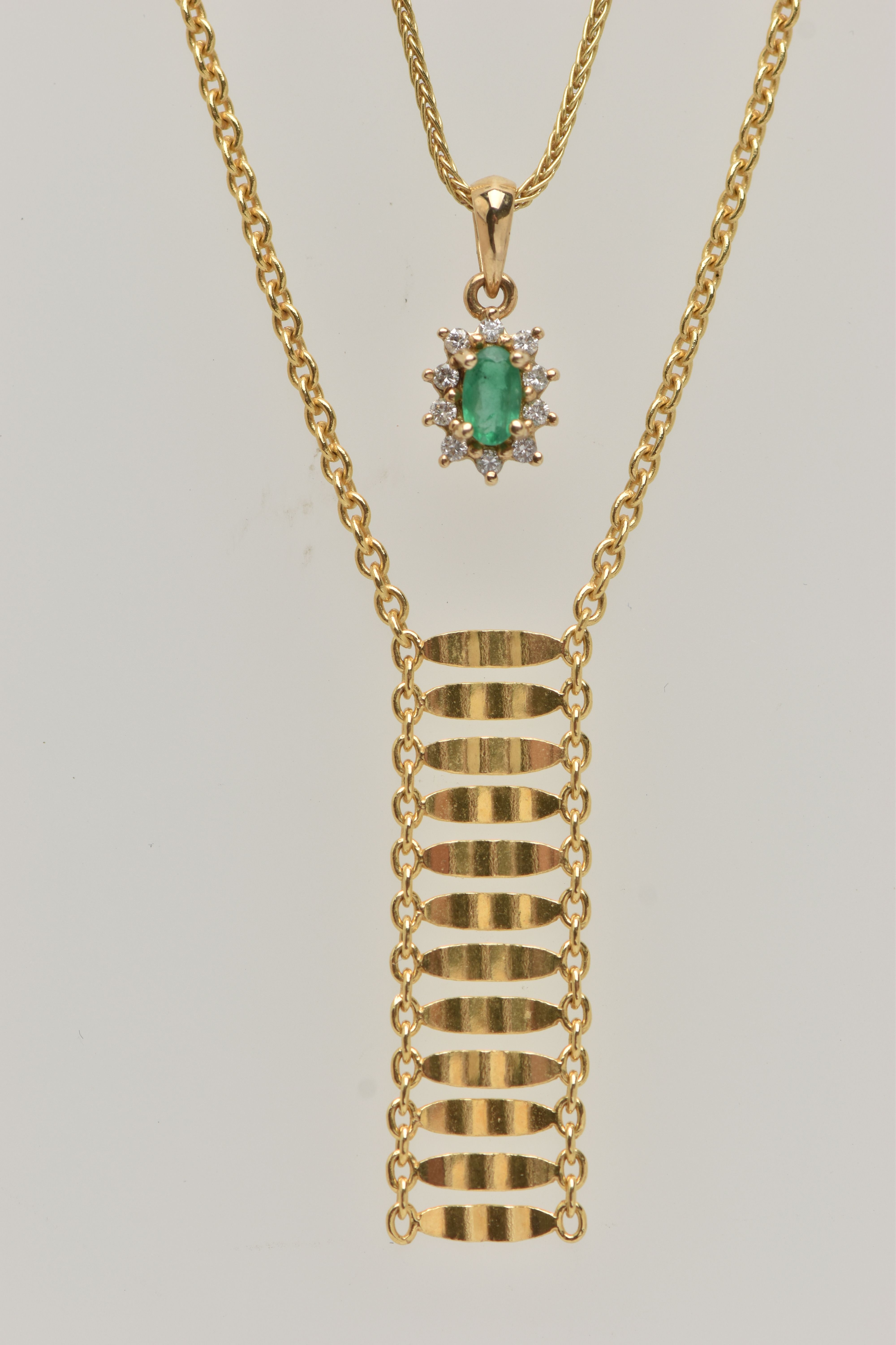 TWO 9CT GOLD PENDANT NECKLACES, the first with a textured style pendant fixed to a Rolo link chain - Image 2 of 5