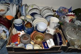 FIVE BOXES AND LOOSE ASSORTED CERAMICS AND GLASS ITEMS, to include a Hornsea slipware dish, slipware