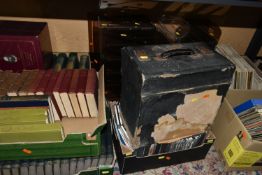 SIX BOXES OF BOOKS, LPS, 33S, SINGLES RECORDS AND CDS, SIX PLASTIC 'CLEARSPACE' LP STORAGE RACKS AND