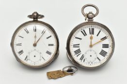 TWO SILVER OPEN FACE POCKET WATCHES, the first key wound, round white dial, Roman numerals,