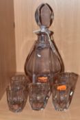AN ART DECO STYLE CZECH/BOHEMIAN GLASS DECANTER AND GLASSES, the decanter of faceted footed form