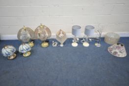 A SELECTION OF TABLE LAMPS, to include three pairs of lamps, two other lamps and two shades (
