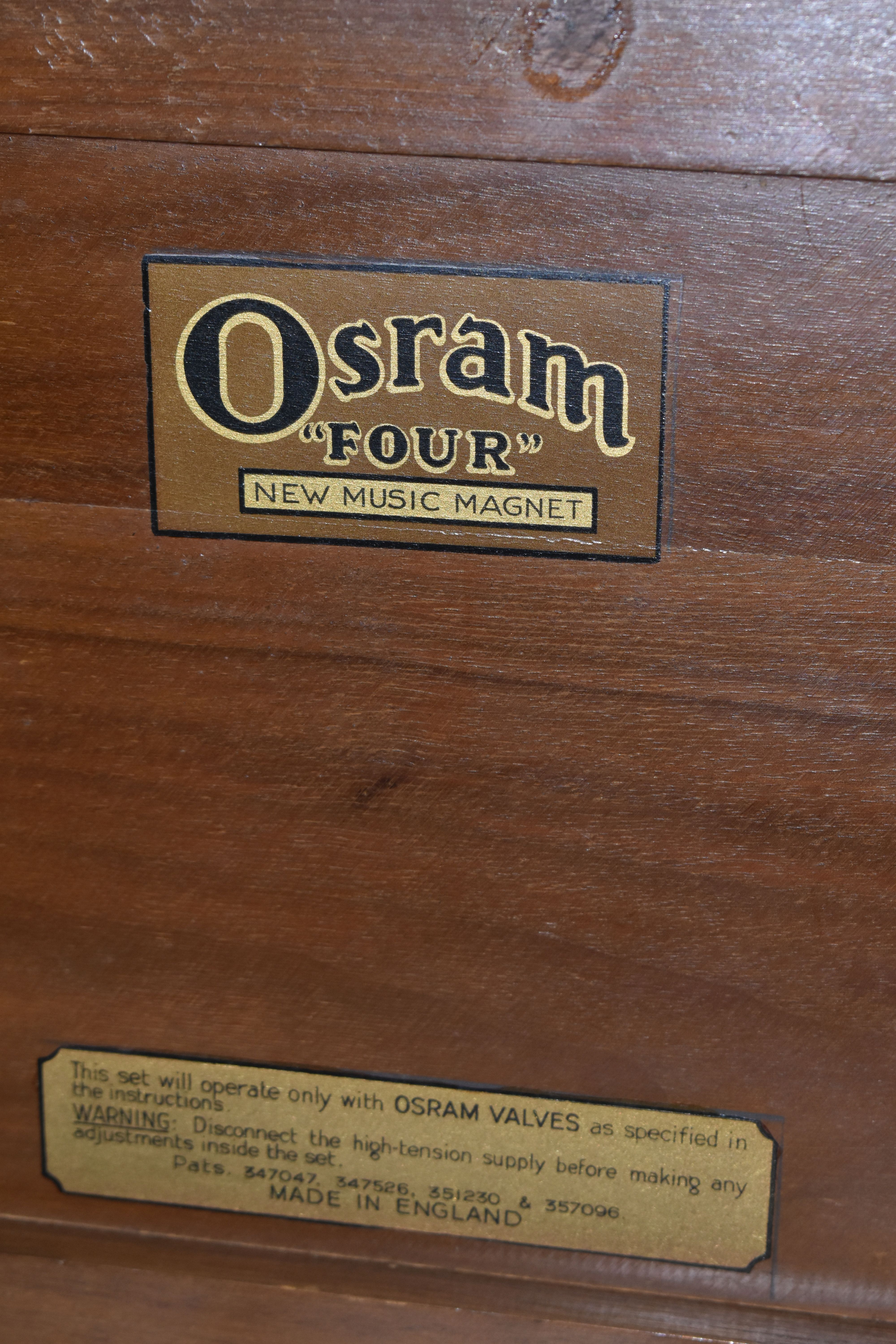 AN OSRAM 'FOUR' NEW MUSIC MAGNET RADIO, a Marconi radio, one other unmarked radio set and a wooden - Image 13 of 16