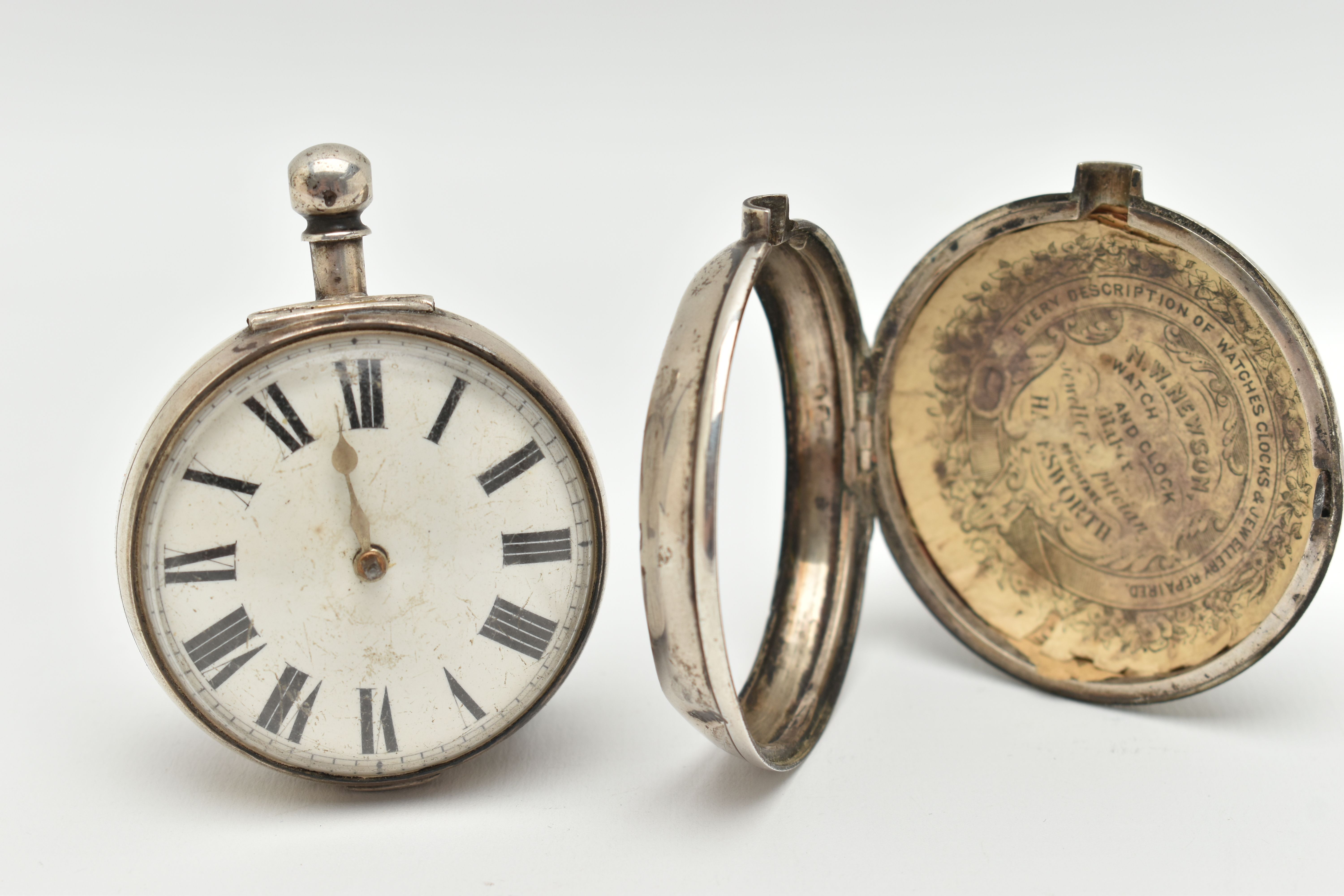 A SILVER PAIR CASE POCKET WATCH, key wound movement, round dial, Roman numerals, plain silver - Image 3 of 7