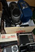 A BOX OF PORTABLE RADIOS AND MUSIC PLAYERS ETC, to include a Sony ICF-M20L radio, Roberts R862 world