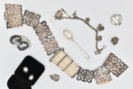 A SELECTION OF JEWELLERY AND AN EPNS NURSES BELT, to include a white metal charm bracelet fitted
