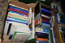 FIVE BOXES OF RELIGIOUS BOOKS / PAMPHLETS containing over 130 titles in hardback and paperback