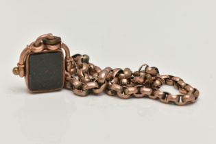 A ROSE METAL ALBERT CHAIN WITH SWIVEL FOB, graduated rose metal belcher chain, fixed tag on one link
