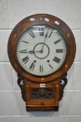 A 19TH CENTURY WALNUT AND INLAID DROP DIAL WALL CLOCK. with an 11 inch enamel dial, depicting