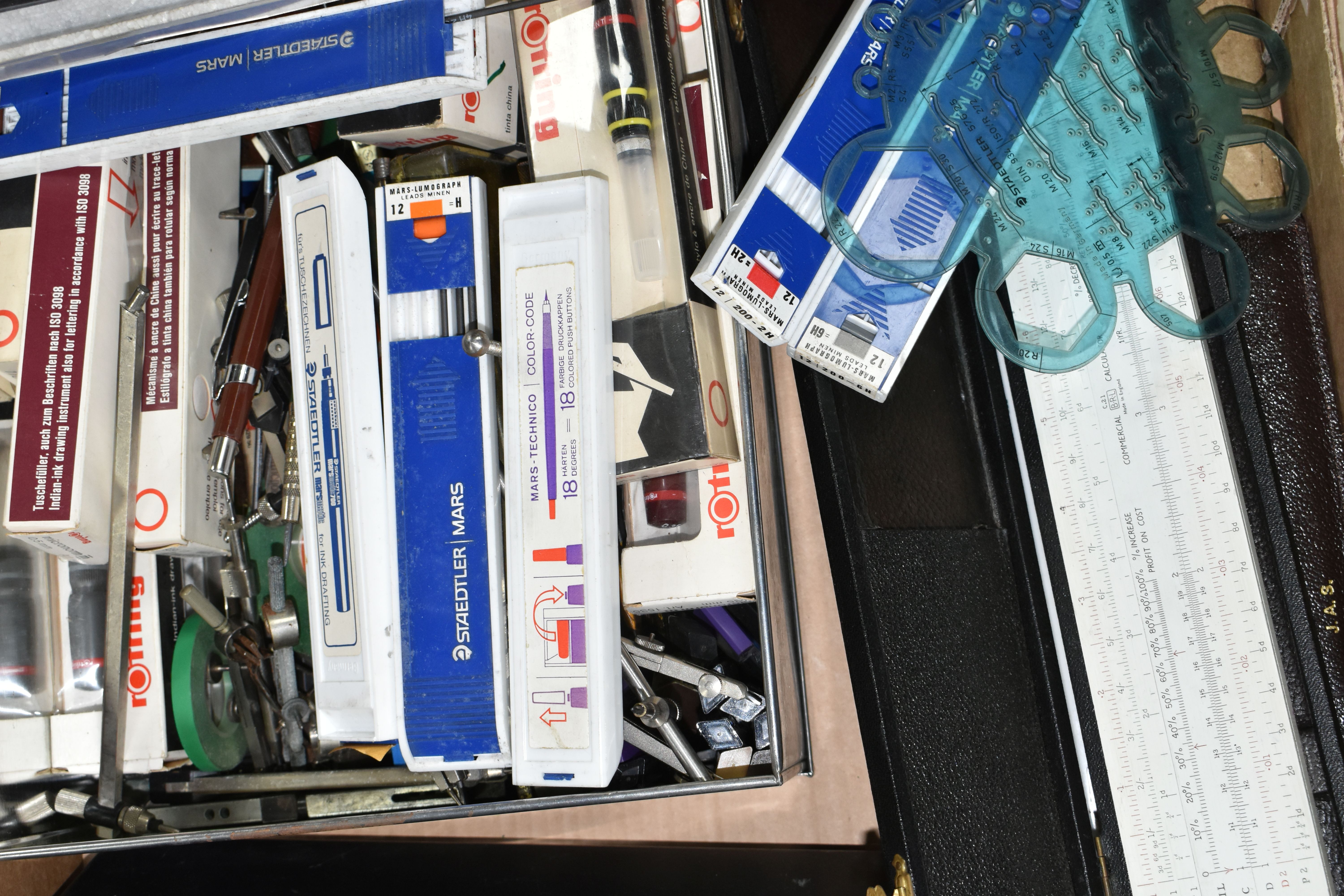 A BOX OF CASED AND LOOSE TECHNICAL DRAWING EQUIPMENT, ETC, including six wooden Rabone rulers, one - Image 2 of 3