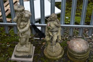 A WEATHERED COMPOSITE GARDEN FIGURE OF A LADY IN FLOWING ROBES, height 68cm, and a cherub garden