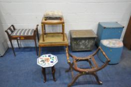 A SELECTION OF OCCASIONAL FURNITURE, to include an Edwardian mahogany piano stool, a cross framed