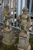 TWO WEATHERED GARDEN FIGURES, of a boy and girl, on a separate plinth, max height 115cm x height