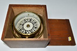 A FIRST HALF 20TH CENTURY CASED SHIPS COMPASS IN GIMBAL, unbranded, width of case 20.5cm (