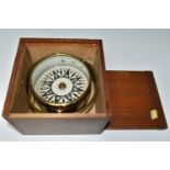 A FIRST HALF 20TH CENTURY CASED SHIPS COMPASS IN GIMBAL, unbranded, width of case 20.5cm (