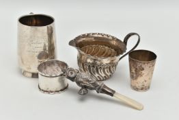 FIVE ITEMS OF SILVER, to include a silver christening cup, personal engraving reads 'Pauline Ann