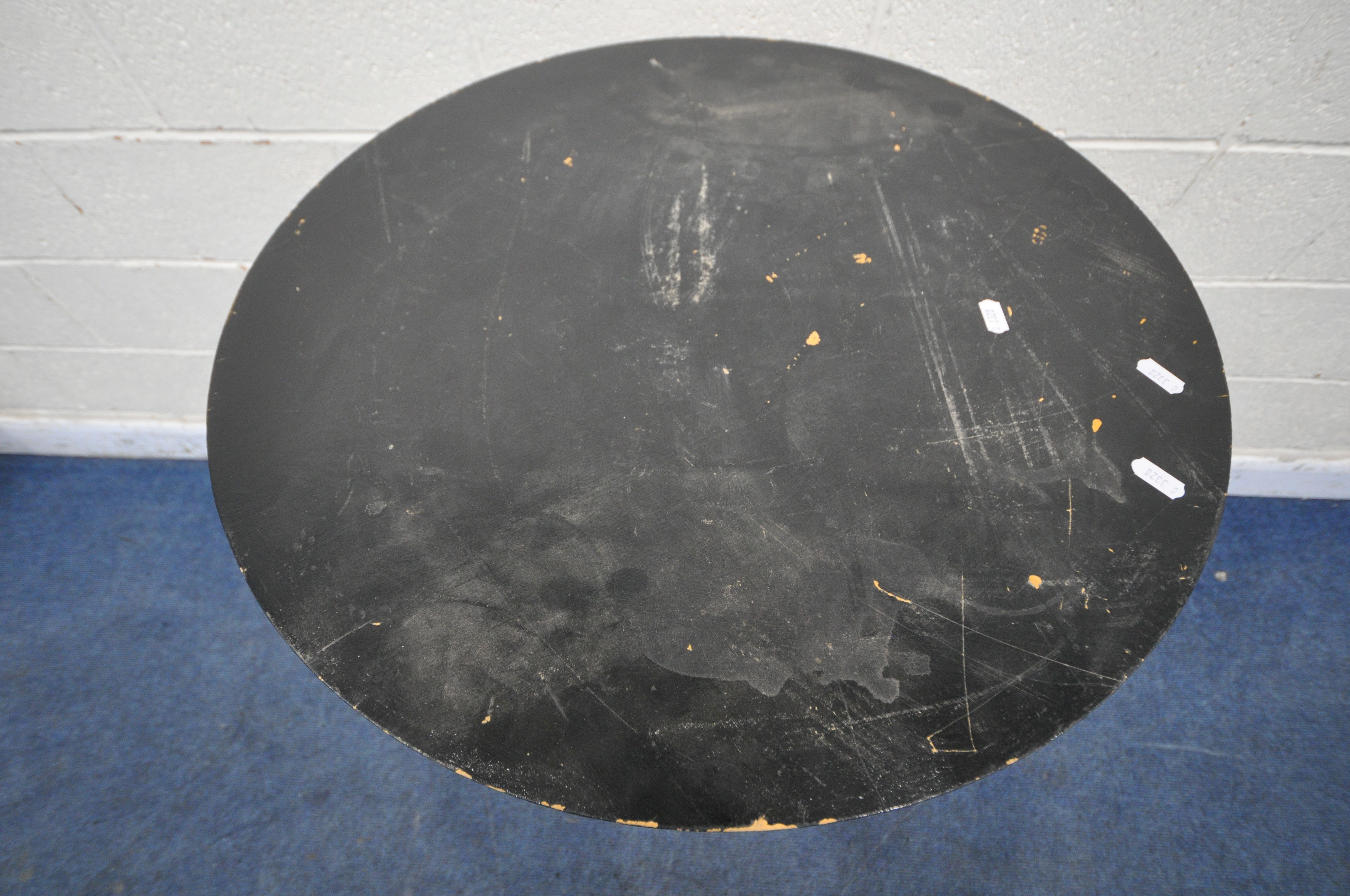 A MODERN TALL CIRCULAR POSEUR TABLE, with a black painted wooden top, on shaped tubular legs, - Image 2 of 3