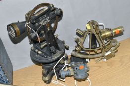 A 20TH CENTURY BRASS SEXTANT BY HENRY BARROW & CO OF LONDON AND TWO SURVEYING INSTRUMENTS, the small
