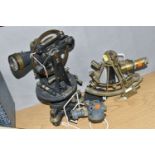 A 20TH CENTURY BRASS SEXTANT BY HENRY BARROW & CO OF LONDON AND TWO SURVEYING INSTRUMENTS, the small