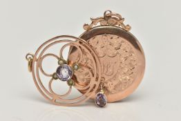 AN EDWARDIAN ROSE METAL LAVALIER PENDANT AND A 9CT GOLD BACK AND FRONT LOCKET, open work circular