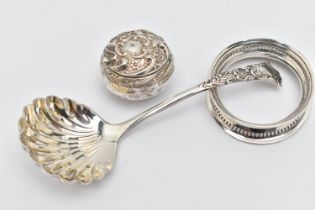 THREE ITEMS OF SILVER, to include an embossed pill box, hinged cover hallmarked 'Cornelius