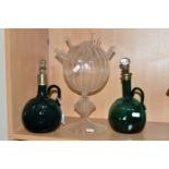 TWO VICTORIAN GREEN GLASS DECANTERS AND A CIRCA 1980s STUDIO GLASS FLOWER STEM VASE / TULIPIERE?,