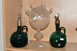TWO VICTORIAN GREEN GLASS DECANTERS AND A CIRCA 1980s STUDIO GLASS FLOWER STEM VASE / TULIPIERE?,