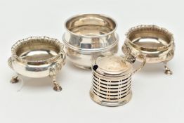 A PAIR OF SILVER SALTS, SILVER MUSTARD AND A POT, cauldron shape salts with gadrooned rims, each