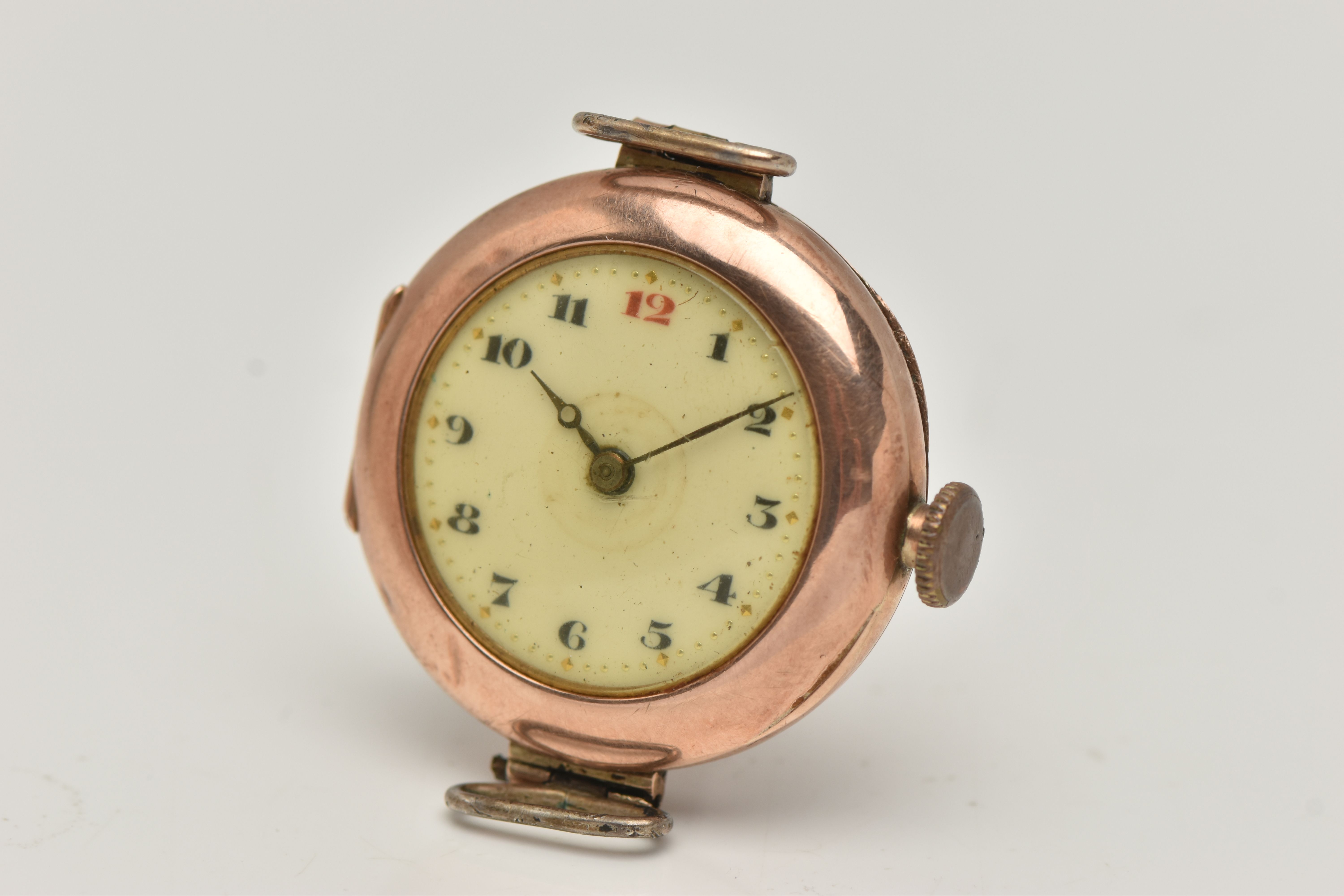 A 9CT GOLD 'ROLEX' WATCH HEAD, an early 20th century, manual wind watch head, round white dial, - Image 3 of 6