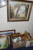 TWO BOXES AND LOOSE ASSORTED FRAMED PRINTS ETC, to include Peter Archer limited print 'The 1st