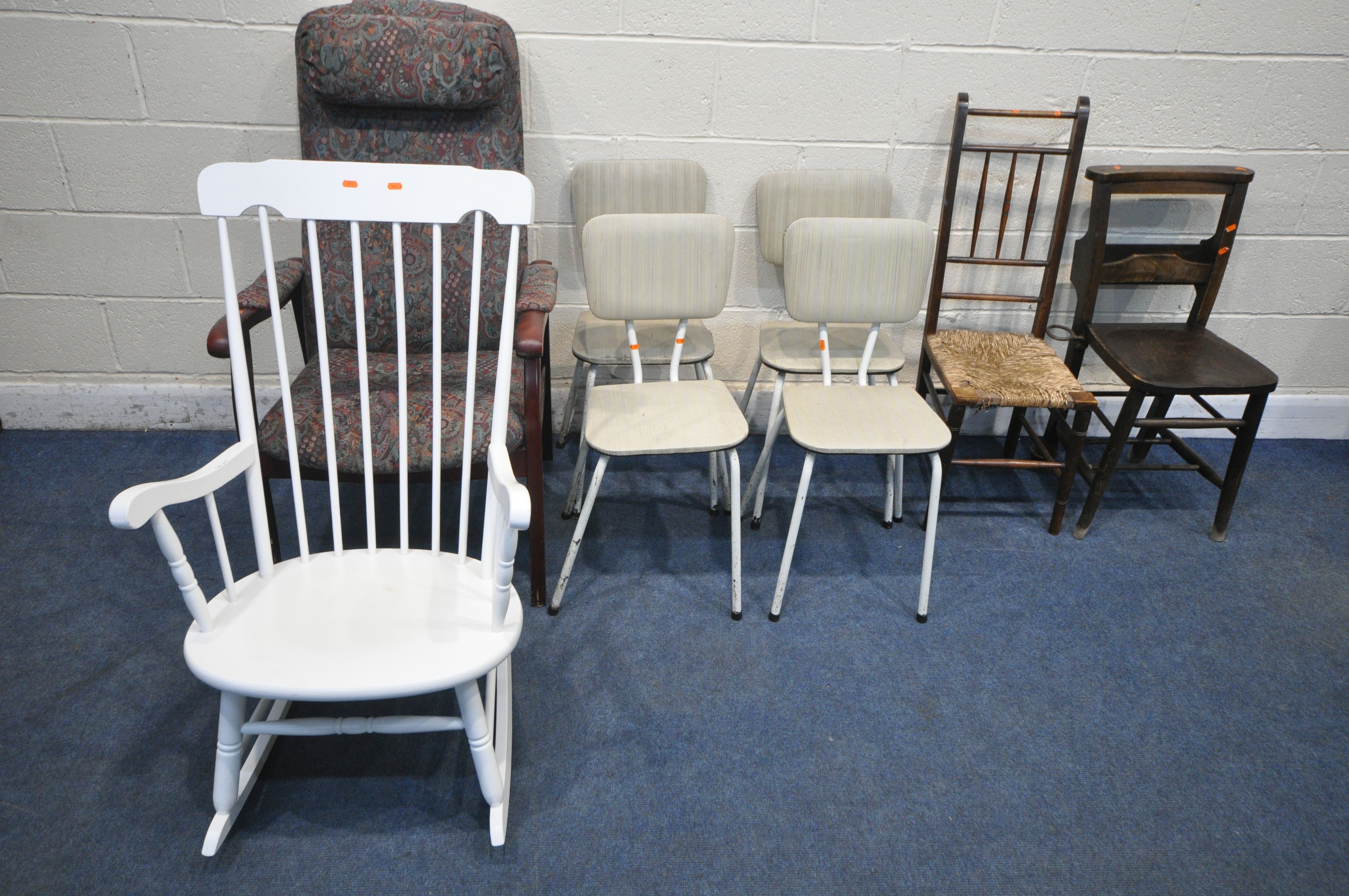 A VARIETY OF CHAIRS, to include a white painted rocking armchair, a mahogany framed armchair, four