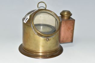 A BRASS AND COPPER CASED BINNACLE COMPASS, the brass case with glass viewing window and copper cased