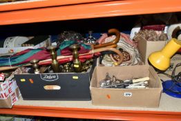 SIX BOXES AND LOOSE ASSORTED SUNDRY ITEMS ETC, to include a box of metal wares - plated and brass