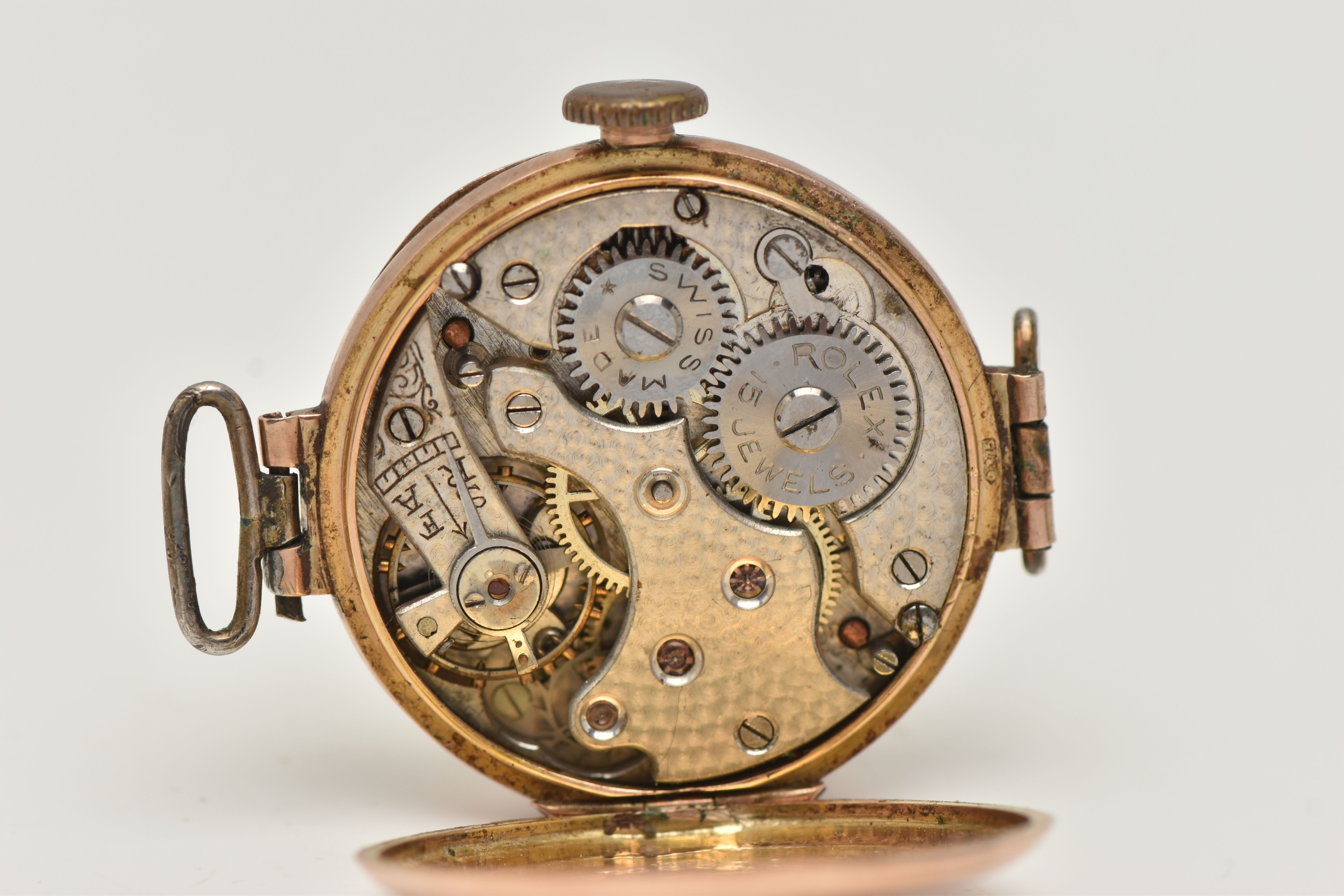 A 9CT GOLD 'ROLEX' WATCH HEAD, an early 20th century, manual wind watch head, round white dial, - Image 5 of 6