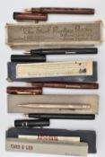 FOUR FOUNTAIN PENS AND A PENCIL, two brown 'Ty-phoo' fountain pens and two black fountain pens, each