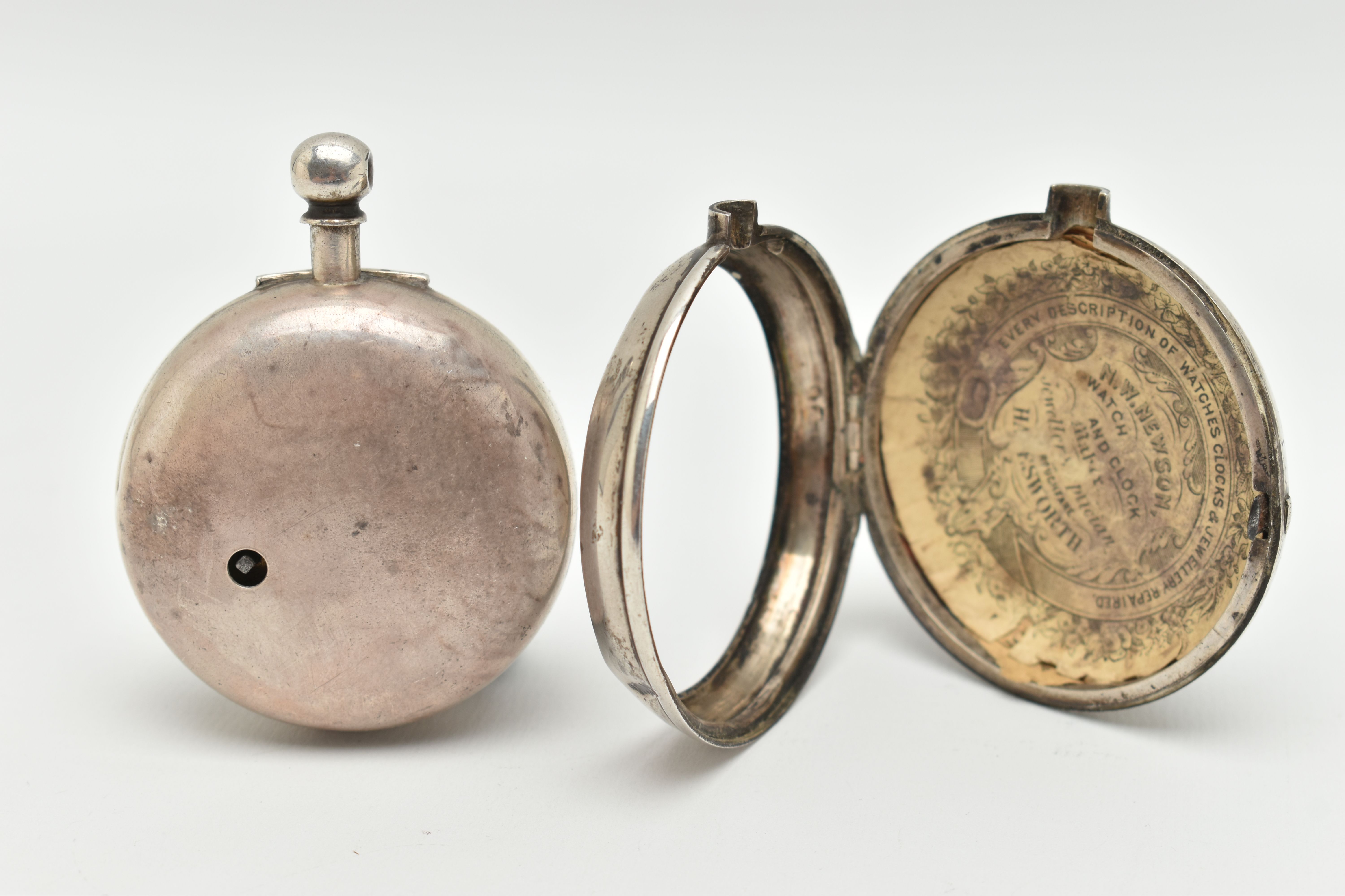 A SILVER PAIR CASE POCKET WATCH, key wound movement, round dial, Roman numerals, plain silver - Image 4 of 7