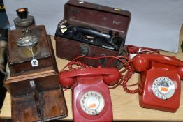 A G.P.O. PORTABLE LINEMANS TELEPHONE, NO.250A, two red coloured G.P.O. model 746 and 8746