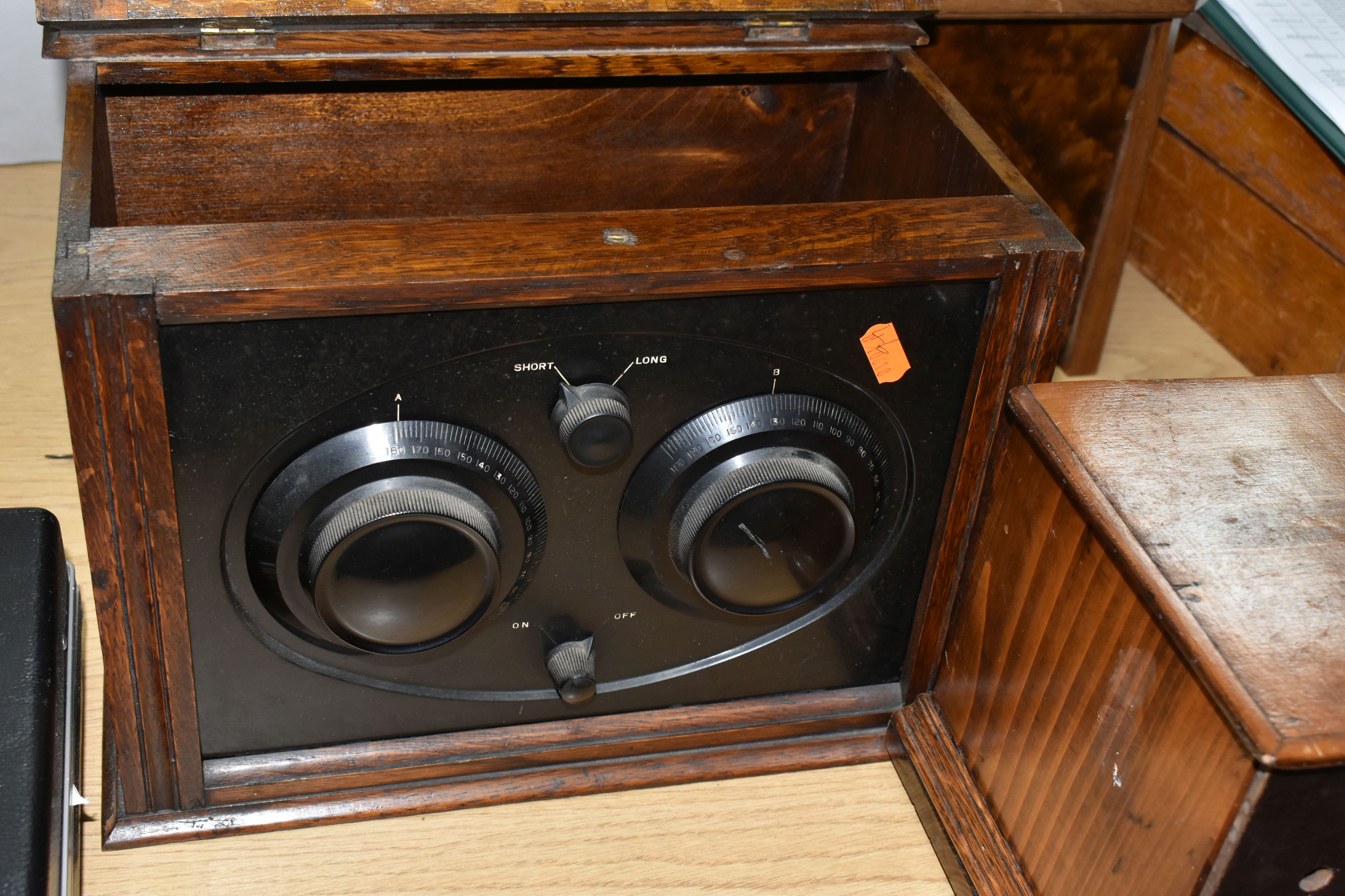 AN OSRAM 'FOUR' NEW MUSIC MAGNET RADIO, a Marconi radio, one other unmarked radio set and a wooden - Image 4 of 16