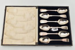 A CASE CONTAINING A MATCHED SET OF VICTORIAN FIDDLE PATTERN DESSERT SPOONS, five maker Henry