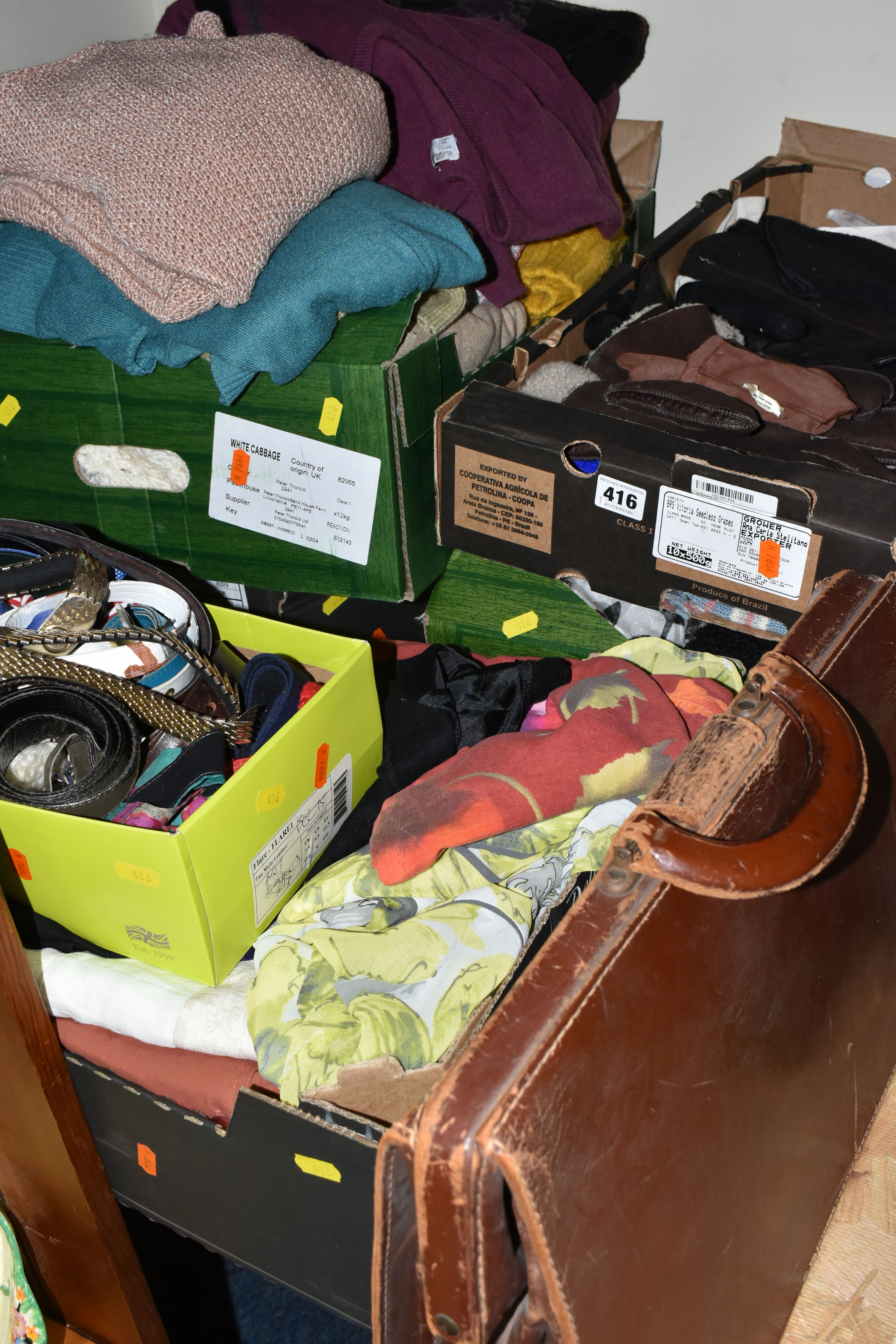 SIX BOXES AND LOOSE CLOTHING AND ACCESSORIES, to include a leather briefcase bearing monogram R.J.