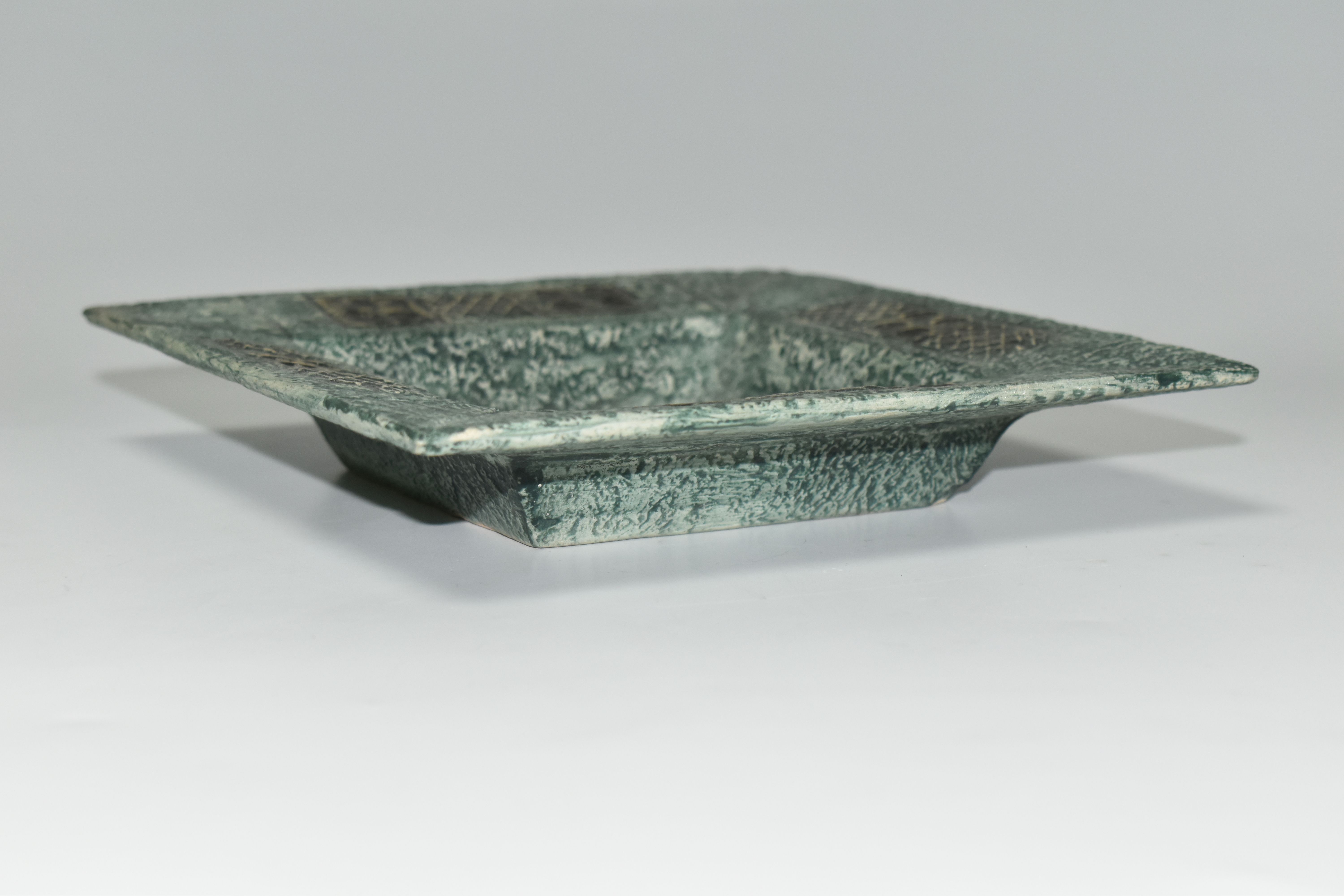 A TROIKA POTTERY SQUARE DISH, blue glazed with impressed and relief moulded decoration, base - Image 4 of 5