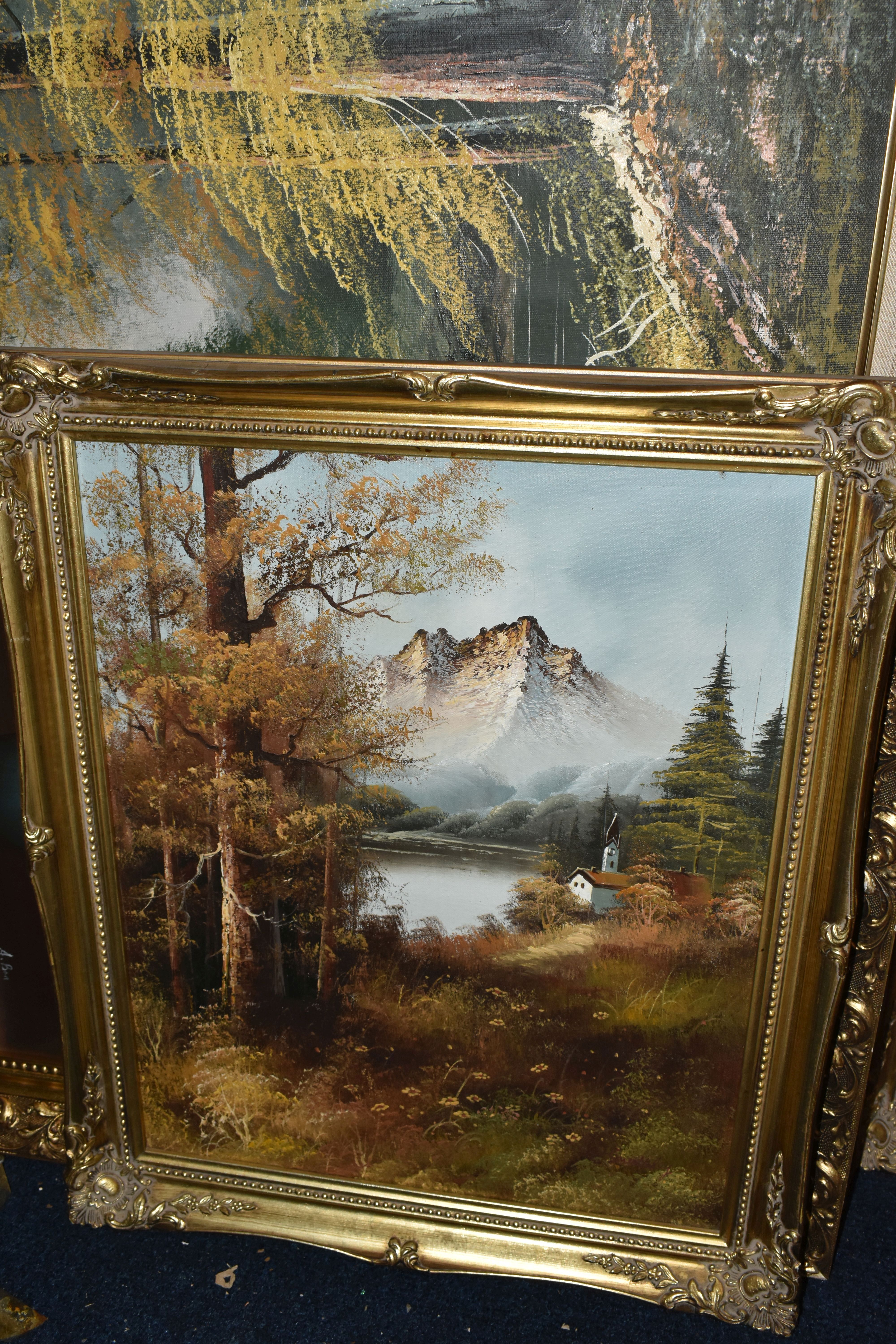 EIGHT LATE 20TH CENTURY LANDSCAPE AND STILL LIFE OIL PAINTINGS, to include two large river - Image 4 of 6